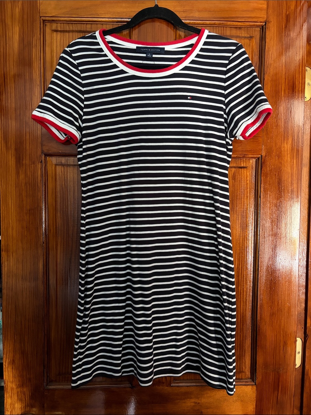 Tommy Hilfiger Black & White Striped Tee Dress with Red Trim Accents